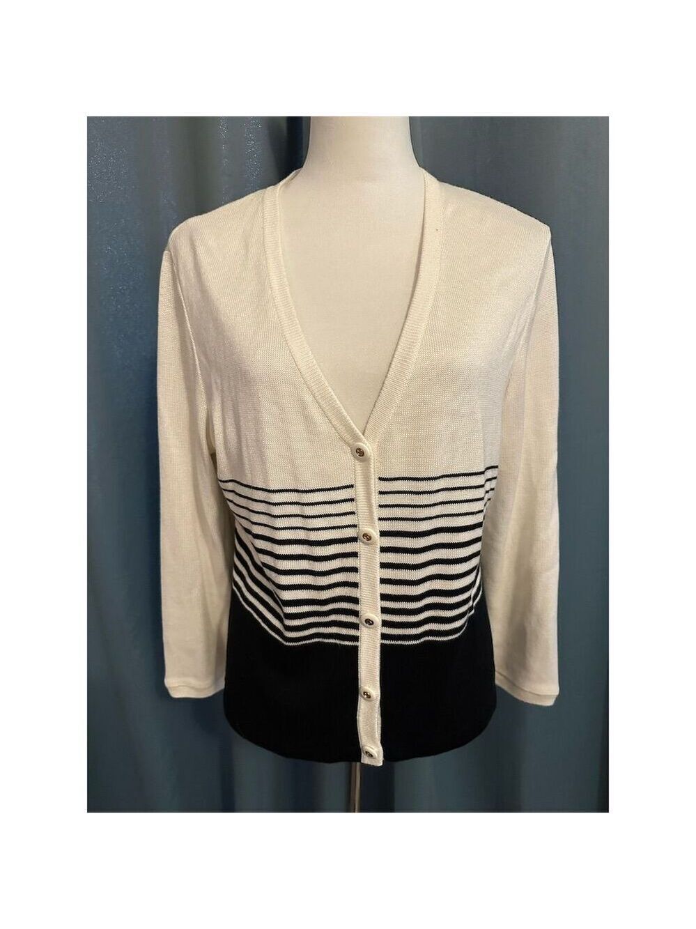 St. John Sport Women's M Cream Striped V-Neck Cardigan Sweater